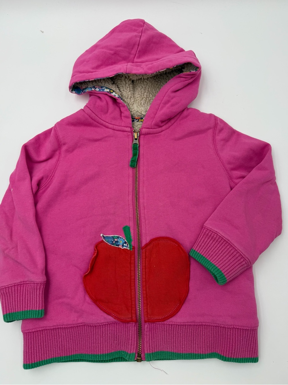 Mini Boden Pink Apple Appliqué Cozy Sherpa Hoodie 3-4